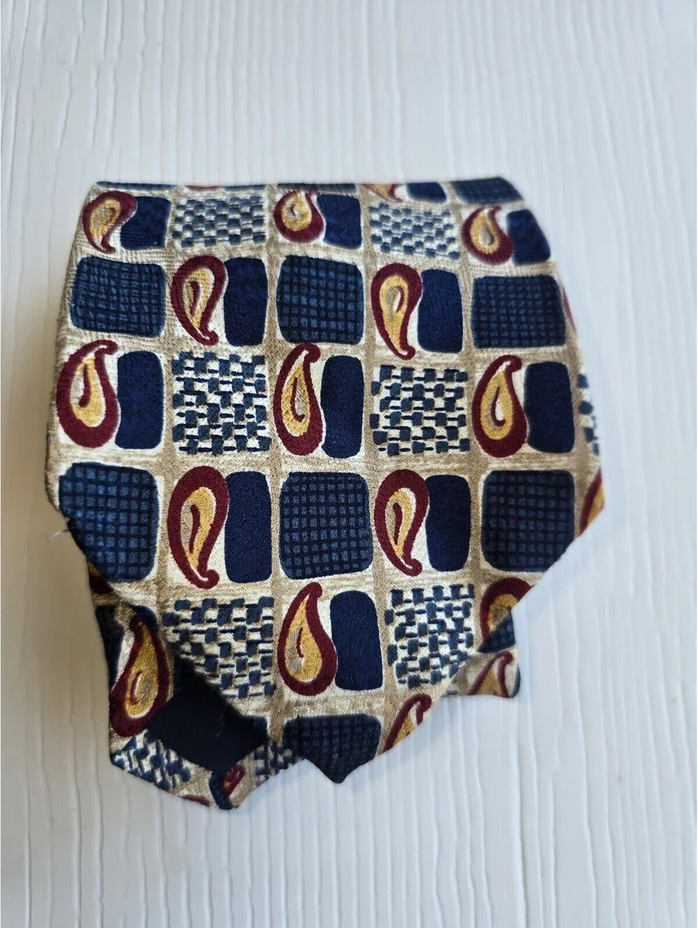 Mark Shale 100% Silk Tie Hand Made Italy 64x4 Geometric Paisley Navy Gold